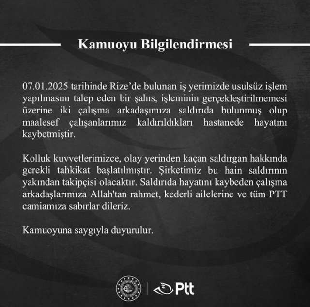 Rize'de PTT'ye Gerçekleşen Silahlı Saldırı Sonucu İki Çalışan Hayatını Kaybetti